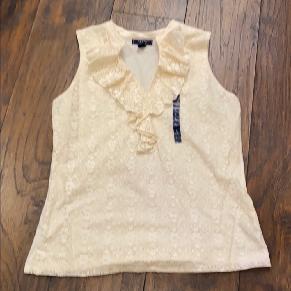 CHAPS Denim Lace Front Ruffle Sleeveless Top